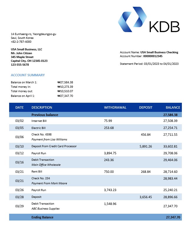 Modèle Word et PDF de relevé de compte bancaire du groupe KDB